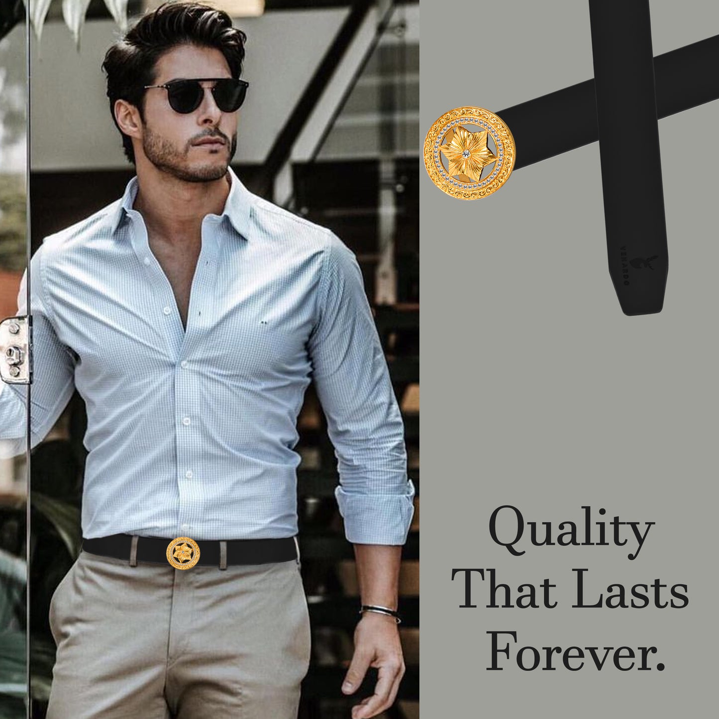 Solo Gold Diamond Buckle Leather Belt For Men