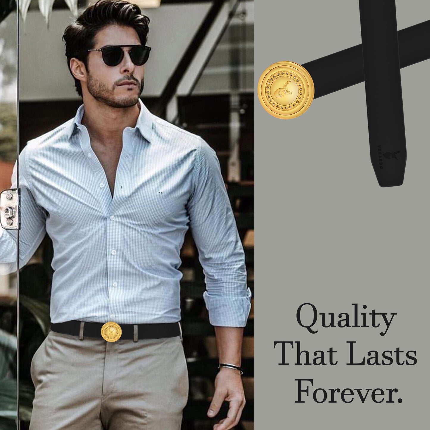Aura Gold Diamond Buckle Leather Belt For Men
