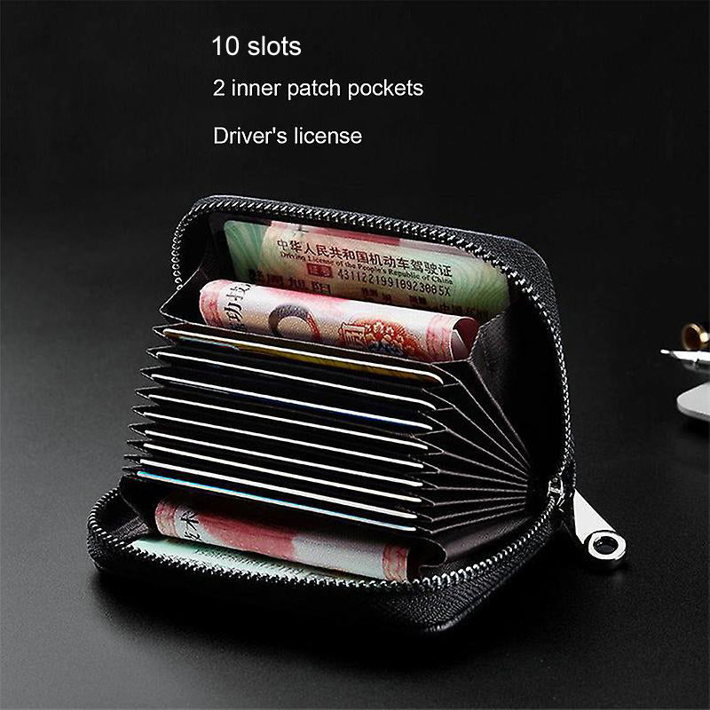 Men & Women Casual Black Genuine Leather Card Holder (10 Card Slots)