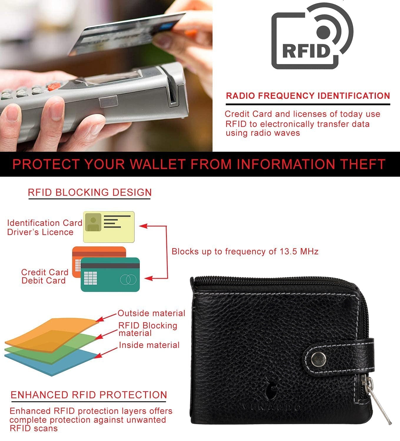 Men Casual Black Genuine Leather RFID Wallet (12 Card Slots)