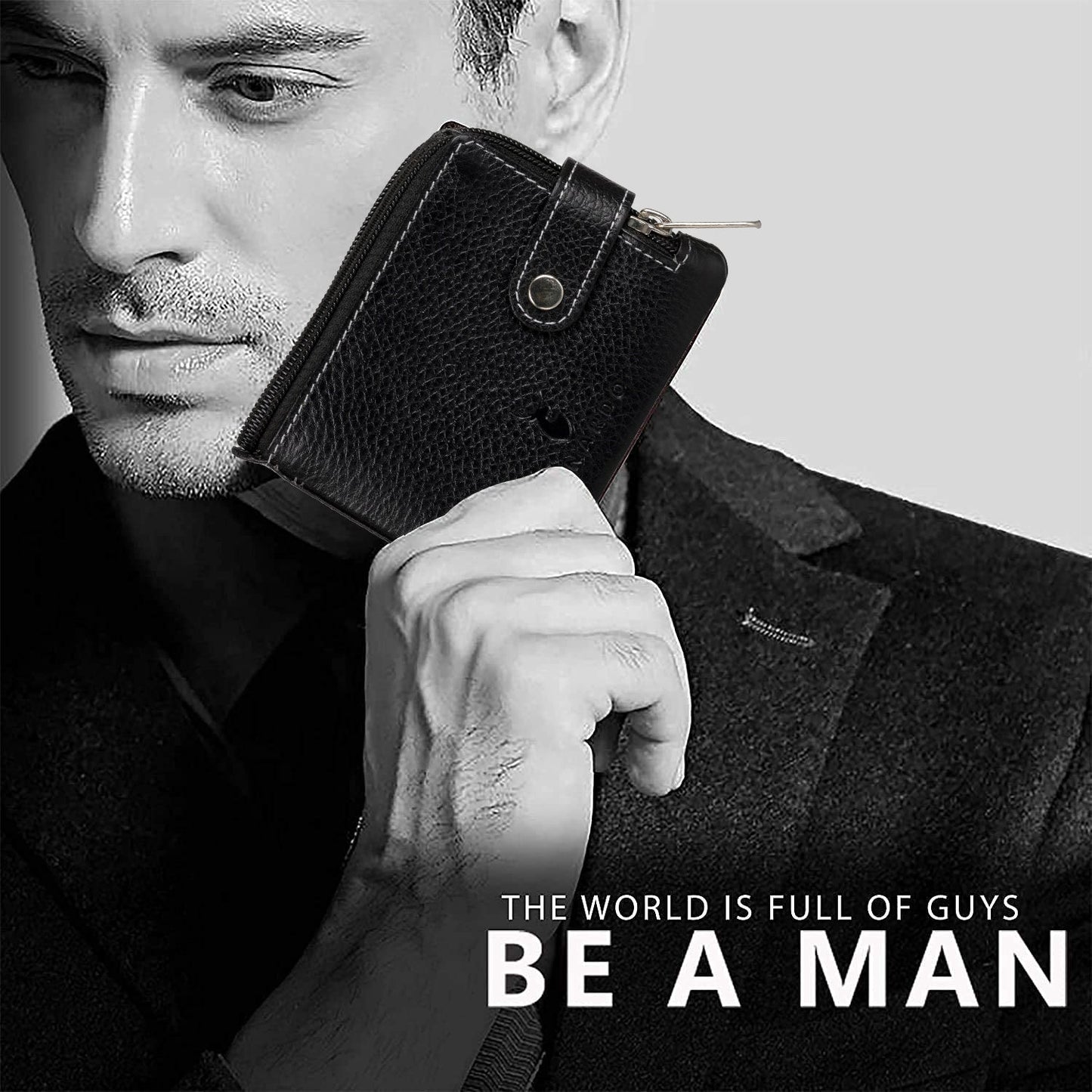 Men Casual Black Genuine Leather RFID Wallet (12 Card Slots)