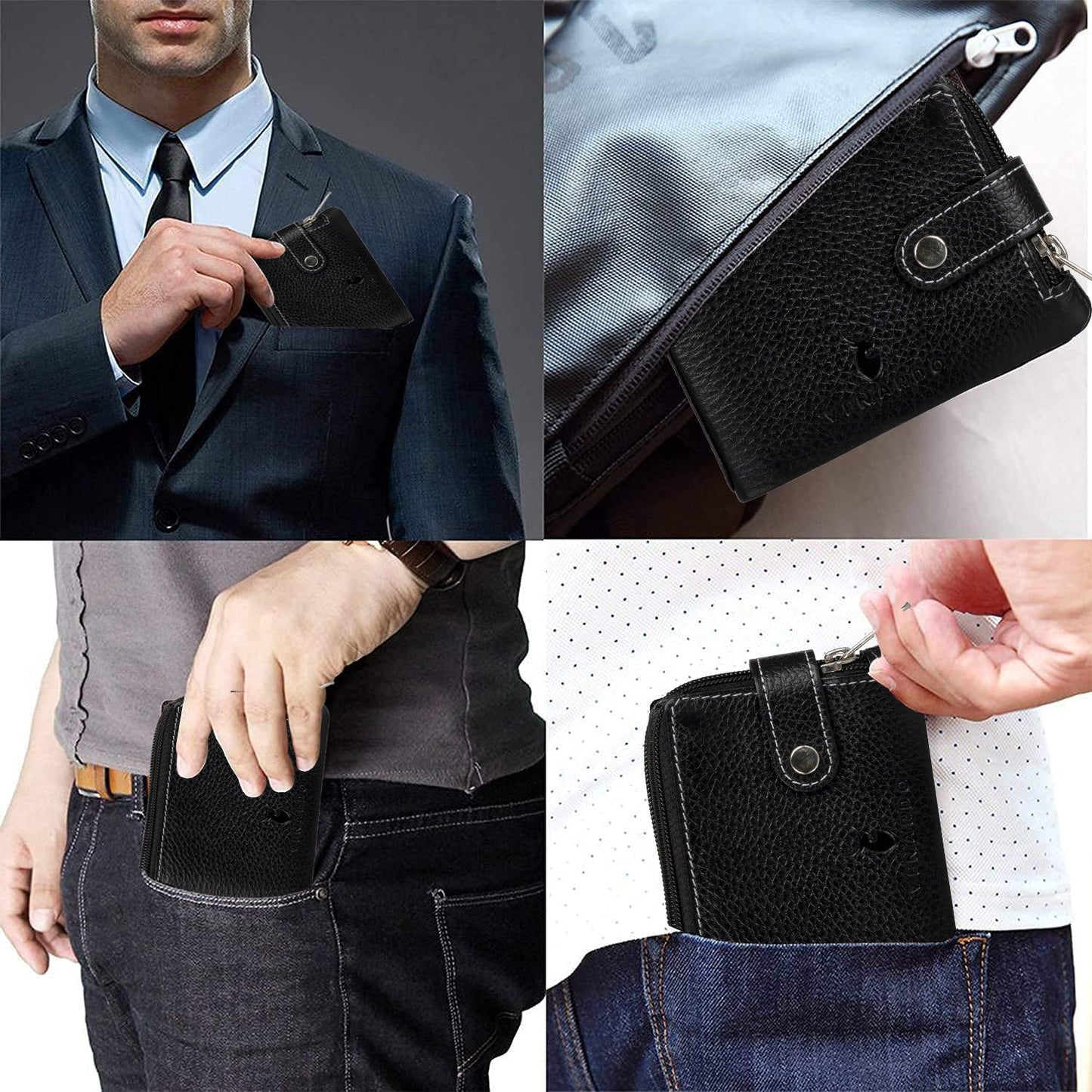 Men Casual Black Genuine Leather RFID Wallet (12 Card Slots)