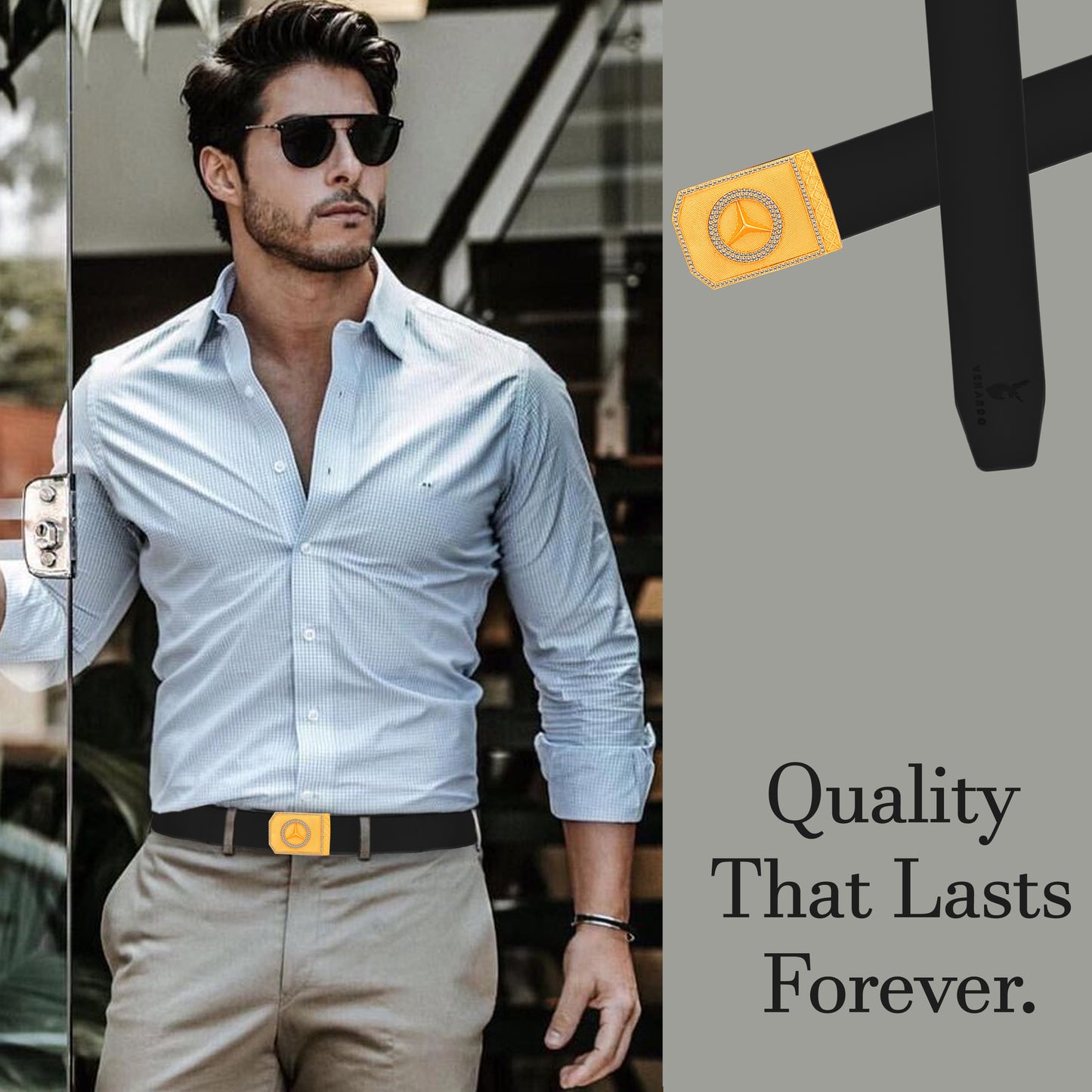 Wave Gold Diamond Buckle Leather Belt For Men