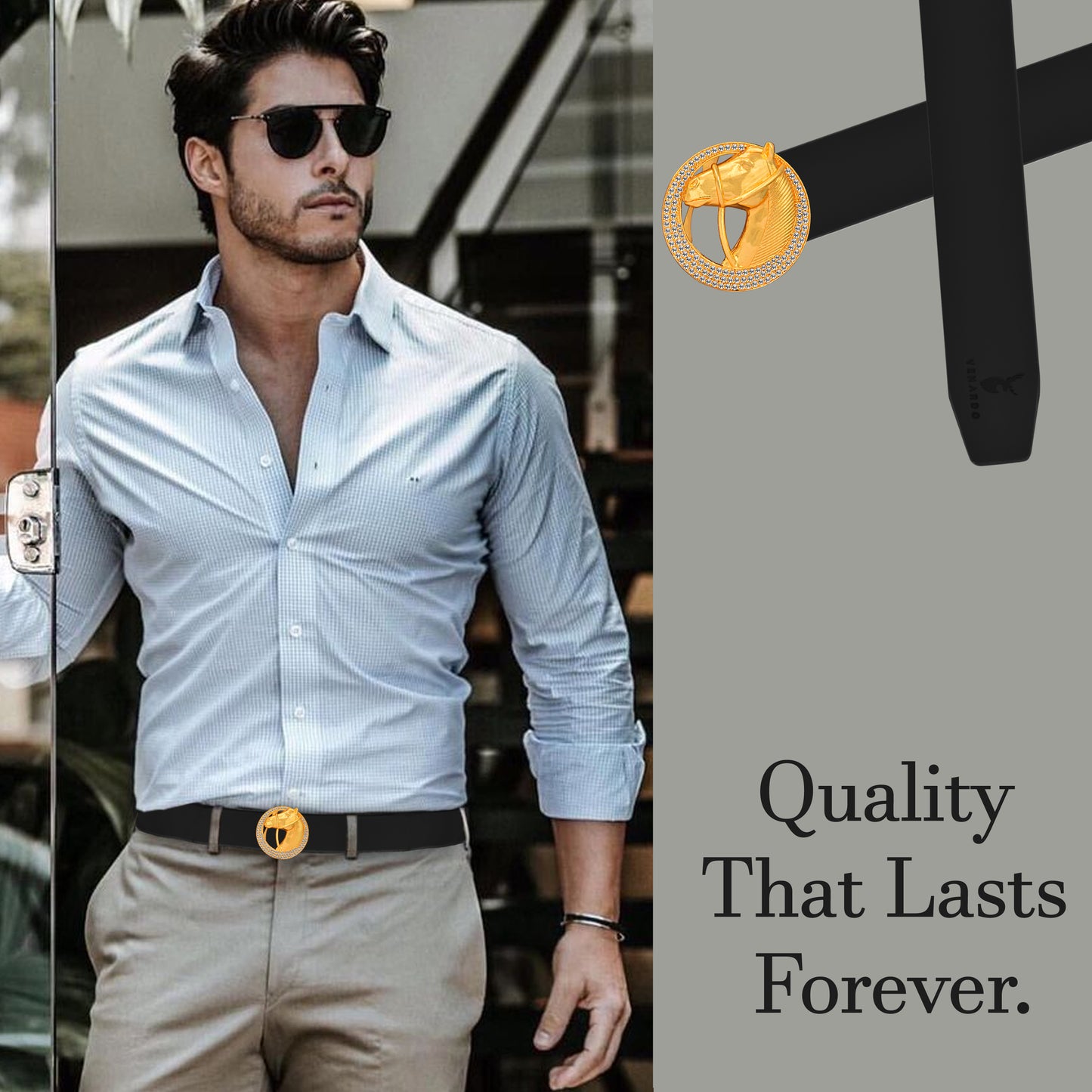 Edge Gold Diamond Buckle Leather Belt For Men