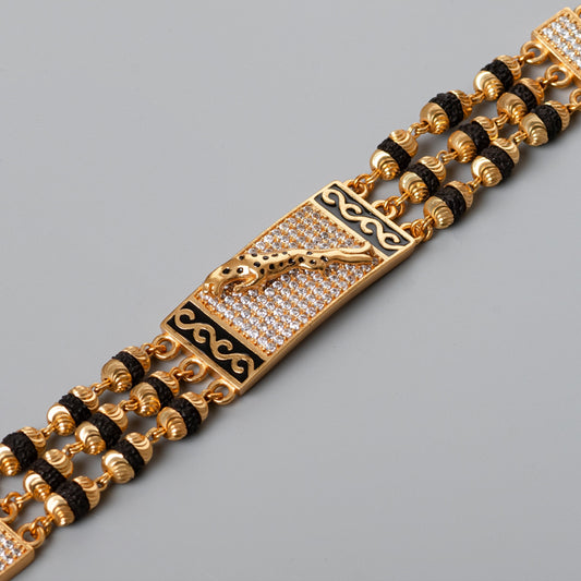 Jaguar Design High-quality Gold Plated 3 Line Rudraksha Bracelet For Men