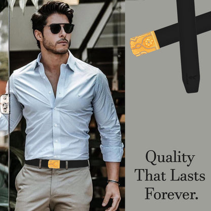 Glide Gold Diamond Buckle Leather Belt For Men