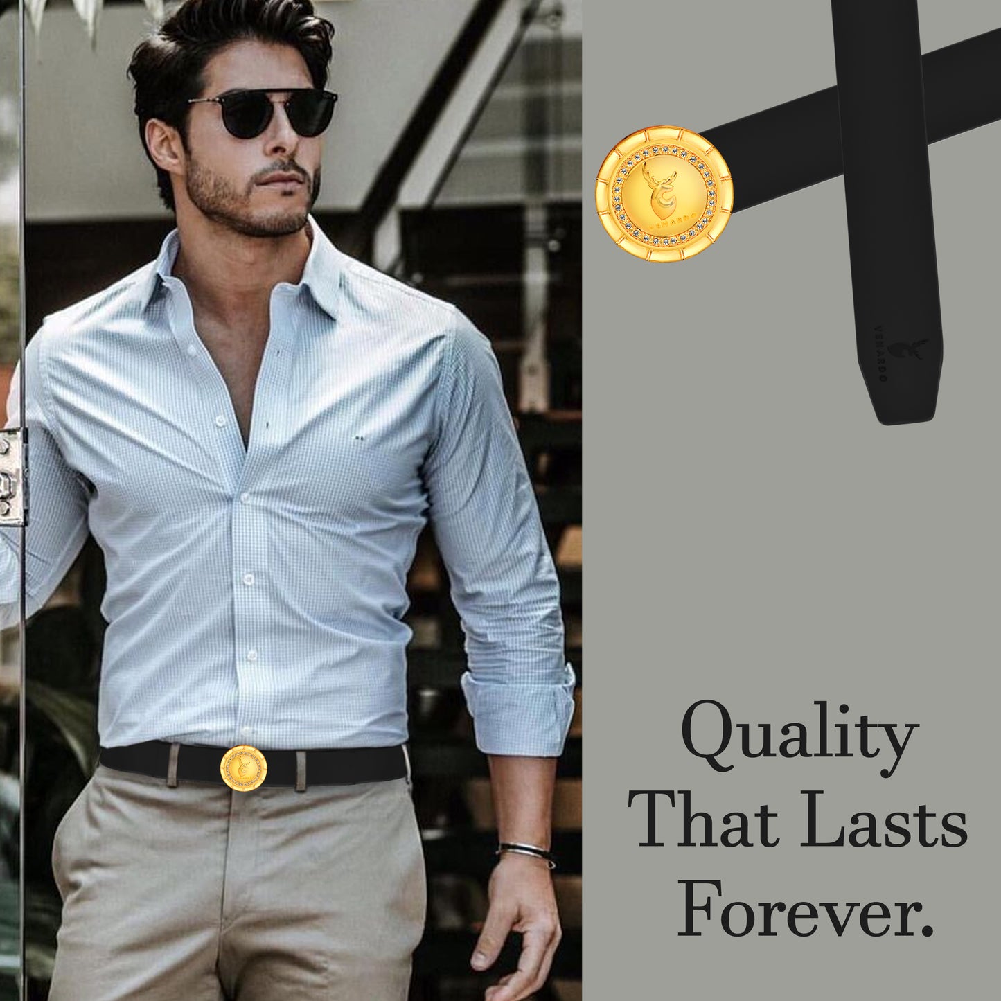 Tiny Gold Diamond Buckle Leather Belt For Men