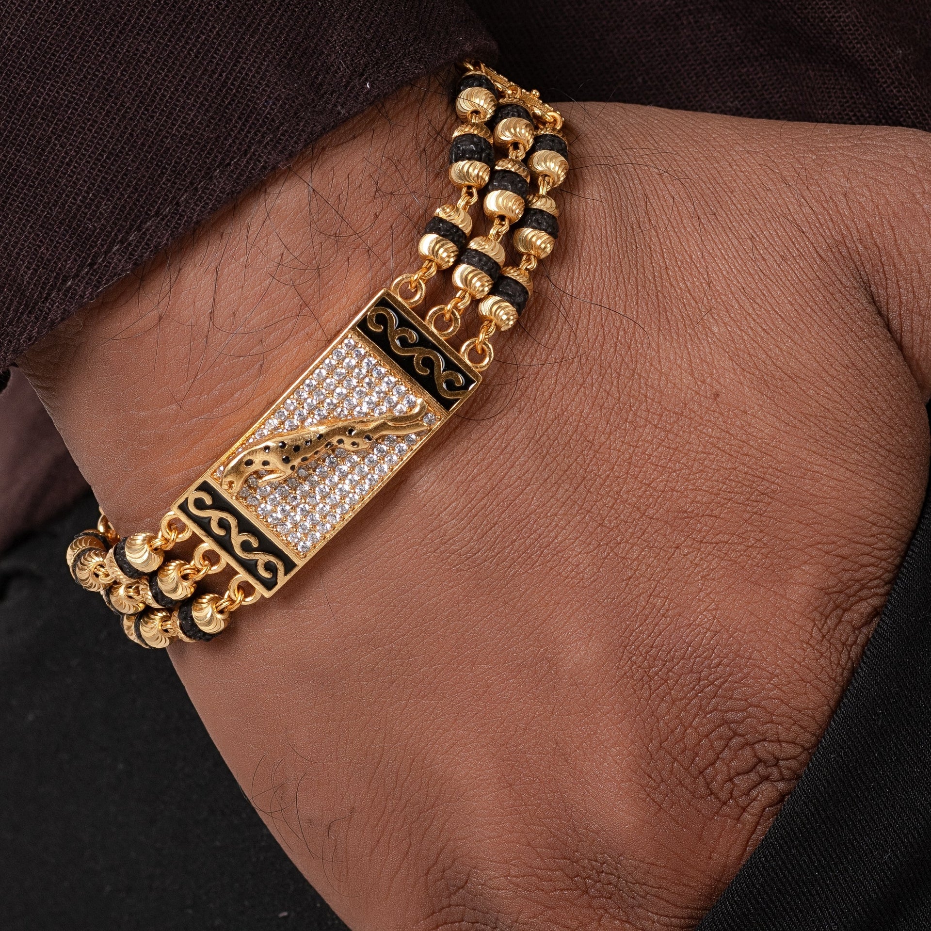 Jaguar Design High-quality Gold Plated Line Rudraksha Bracelet For Men